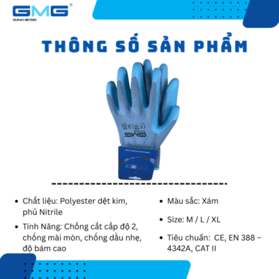 Thông số găng tay chống cắt phủ nitrile GMG T1020 tiêu chuẩn EN 388